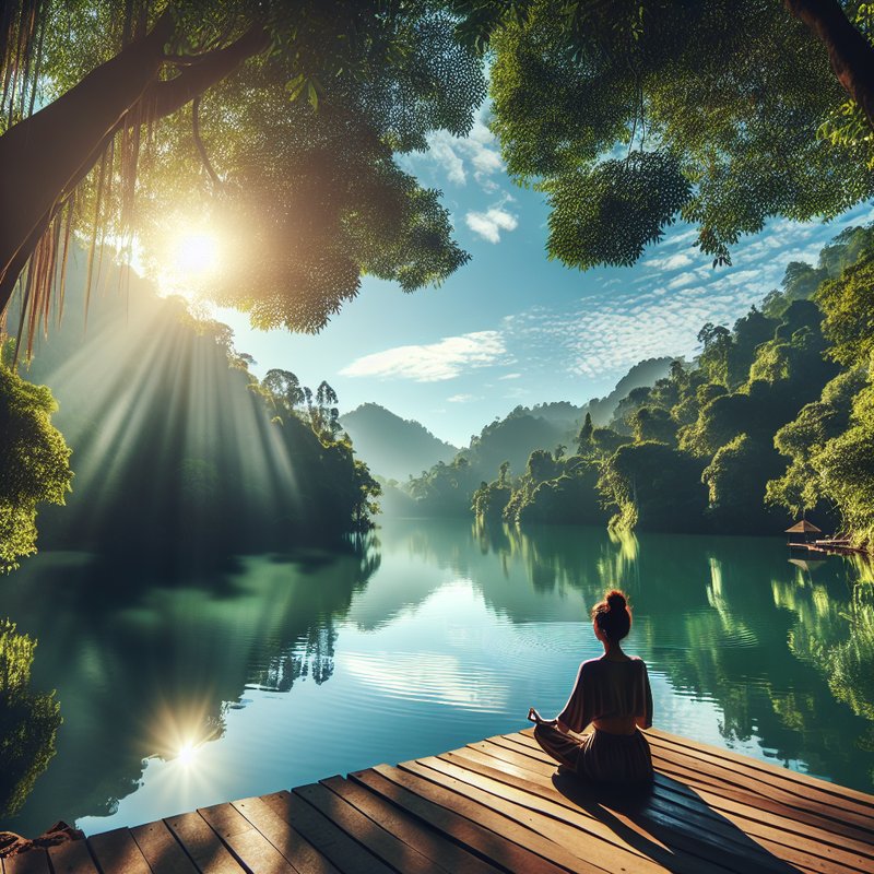Create an image of a serene and tranquil setting for mindfulness meditation. Depict a peaceful natural environment: a calm lake surrounded by lush, green trees under a clear blue sky, with gentle sunlight filtering through the leaves. Include a solitary figure sitting cross-legged on a wooden dock, looking out over the water in deep reflection. The figure exudes calmness and focus, embodying the essence of mindfulness. The scene should be vibrant and inviting, capturing the essence of peace and well-being, perfect for conveying health and wellness in a professional blog post.